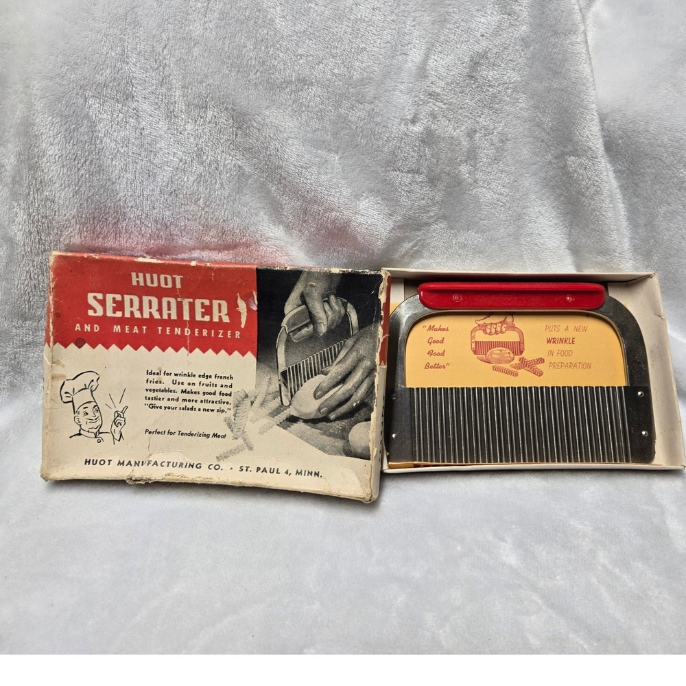 Vintage Huot Serrater Crinkle Cutter Meat Tenderizer Original Box MCM Kitchen